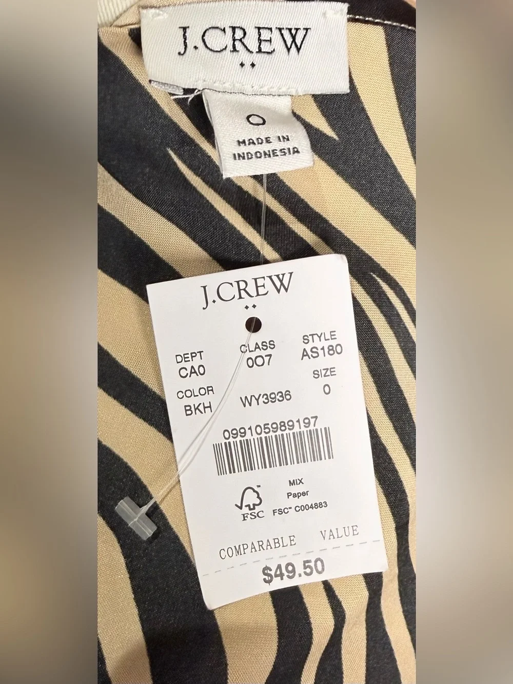 NWT - J.Crew Zebra Satin Cami Tank Animal Print Black Tan Size 0